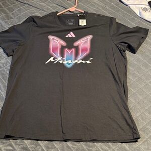 Messi adidas Black Tee with Pink and Blue Miami Graphic